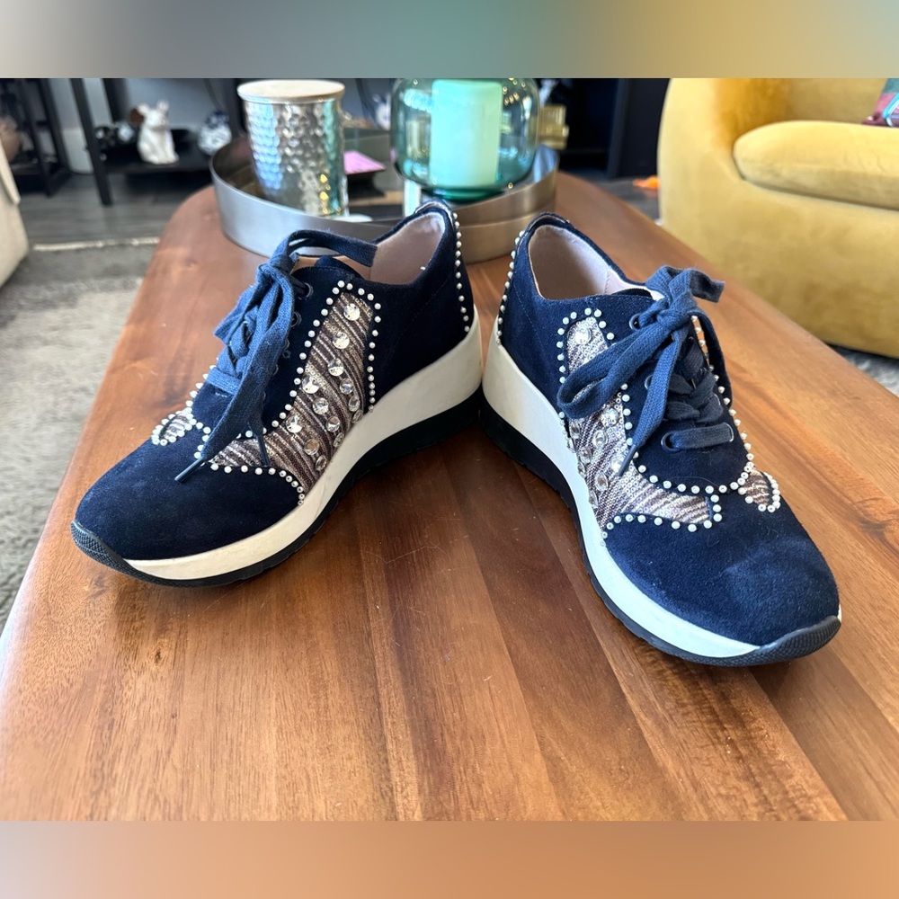Desigual Wedge Pearl Suede Trainers with Crystal & Pearl Detail - Picture 9 of 12